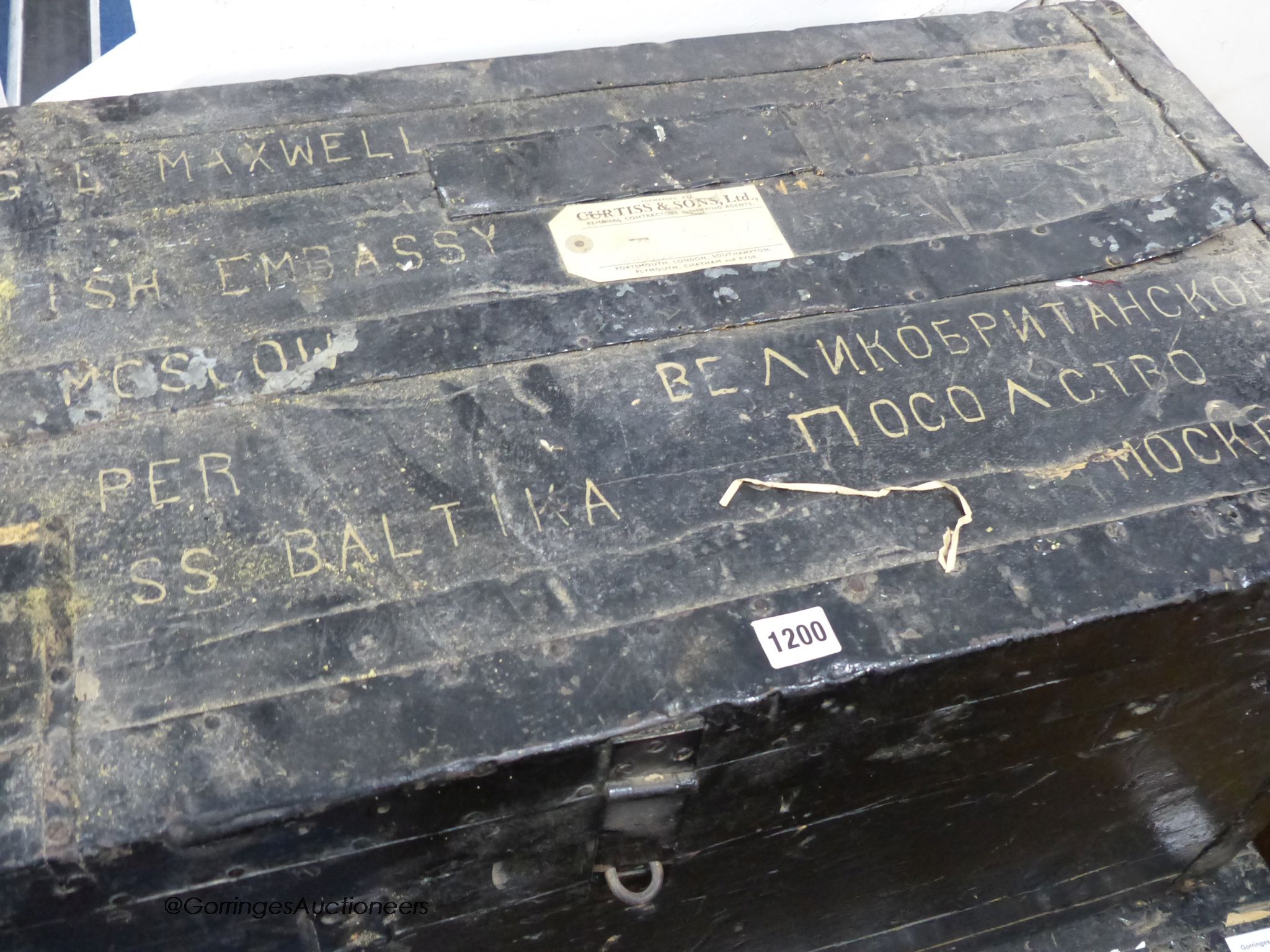 Two Victorian iron bound trunks. Both marked British embassy Moscow. Larger, W-88, D-53, H-52cm.